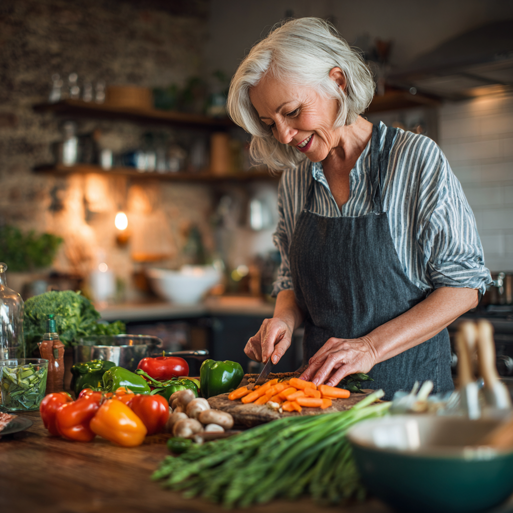 51 years old woman cooking healthy meal with fresh vegetables following personalized nutrition guidelines