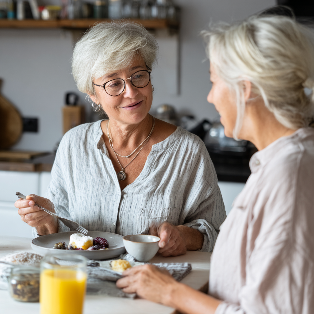 52 years old nutritionist providing ongoing support and guidance to mature client following mushrendal program