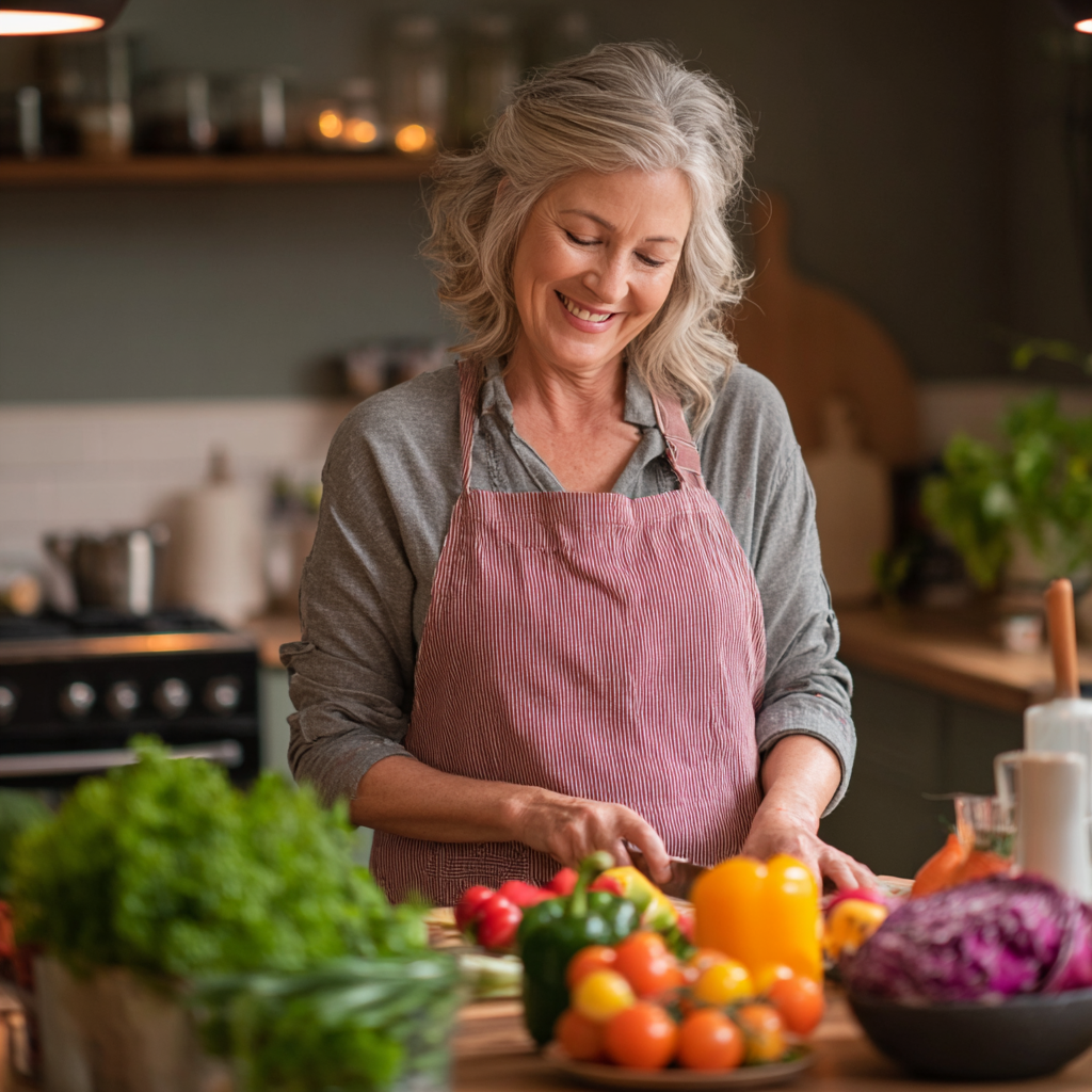 Happy 53 years old working mother preparing healthy family meal using mushrendal nutrition plan